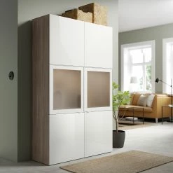 IKEA BESTÅ Storage Combination W/glass Doors Walnut Effect Light Gray/Selsviken Highgloss/white Frosted Glass 47 1/4x16 1/2x76 " Blackbrown Lappviken/sindvik Blackbrown Clear Glass -Ikea Storage solution systems Sales besta storage combination w glass doors walnut effect light gray selsviken high gloss white frosted glass 0994781 pe821362 s5