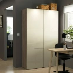 IKEA BESTÅ Storage Combination With Doors Walnut Effect Light Gray/Selsviken Highgloss/beige 47 1/4x16 1/2x76 " Blackbrown/hedeviken Oak Veneer -Ikea Storage solution systems Sales besta storage combination with doors walnut effect light gray selsviken high gloss beige 0999882 pe824000 s5