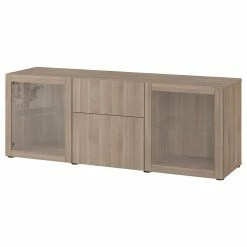 IKEA BESTÅ Storage Combination With Drawers Walnut Effect Light Gray Lappviken/Sindvik Gray Stained Walnut Eff Clear Glass 70 7/8x16 1/2x25 5/8 " Blackbrown Lappviken/sindvik Blackbrown Clear Glass