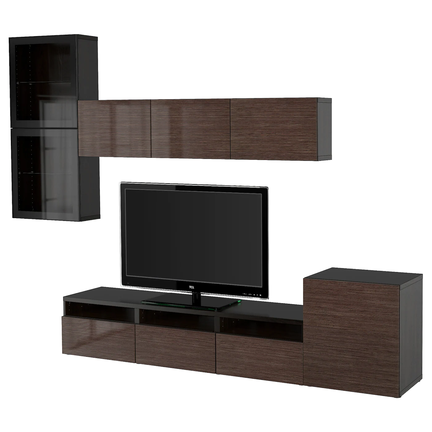 IKEA BESTÅ TV Storage Combination/glass Doors Blackbrown/Selsviken High Gloss/brown Clear Glass 118 1/8x16 1/2x83 1/8 " Blackbrown/selsviken High Gloss/beige Clear Glass