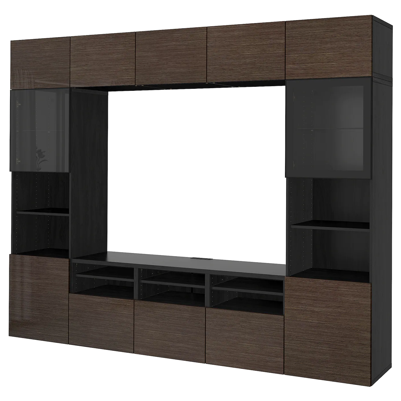 IKEA BESTÅ TV Storage Combination/glass Doors Blackbrown/Selsviken High Gloss/brown Clear Glass 118 1/8x16 1/2x91 " Blackbrown/selsviken High Gloss/black Clear Glass