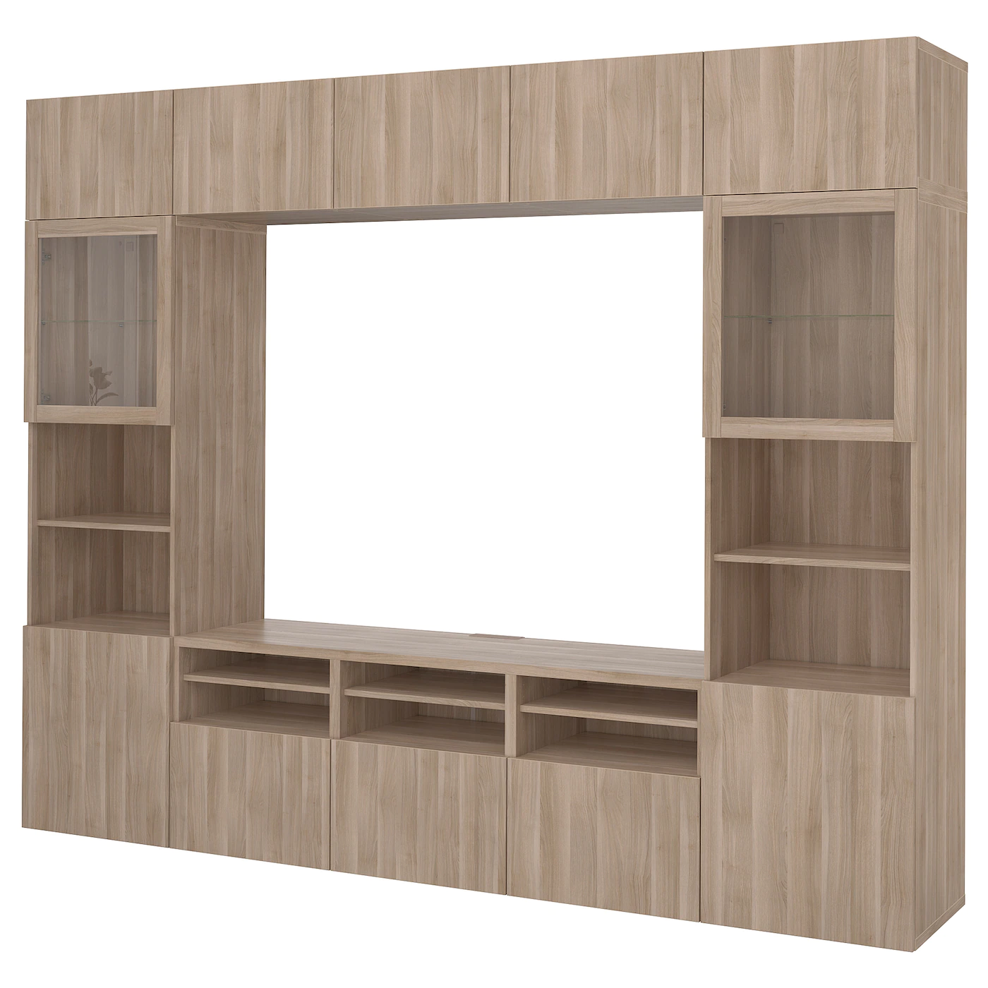 IKEA BESTÅ TV Storage Combination/glass Doors Walnut Effect Light Gray/Lappviken Gray Stained Walnut Eff Clear Glass 118 1/8x16 1/2x91 " Blackbrown/selsviken High Gloss/beige Smoked Glass
