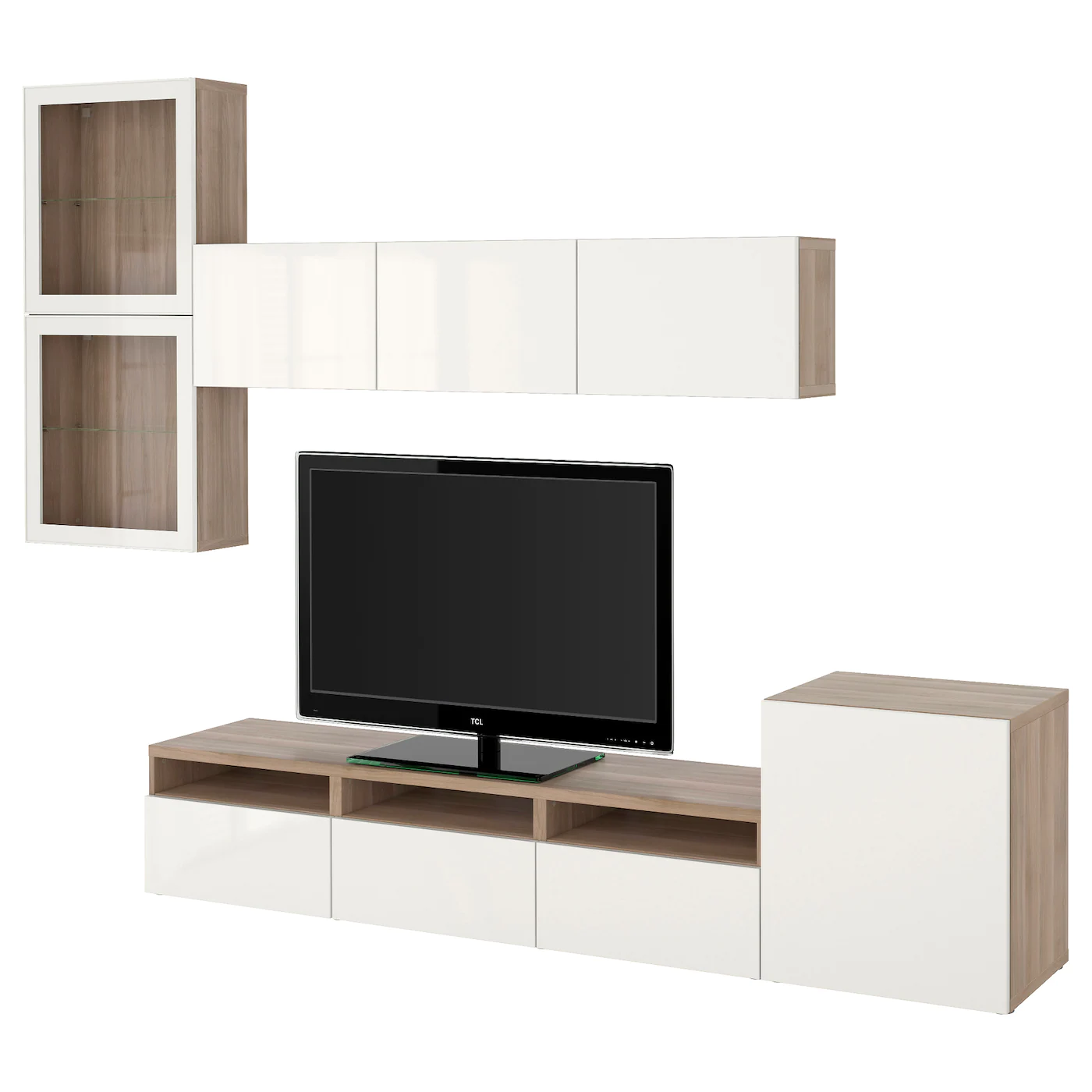 IKEA BESTÅ TV Storage Combination/glass Doors Walnut Effect Light Gray/Selsviken High Gloss/white Clear Glass 118 1/8x16 1/2x83 1/8 " Blackbrown/selsviken High Gloss/black Smoked Glass