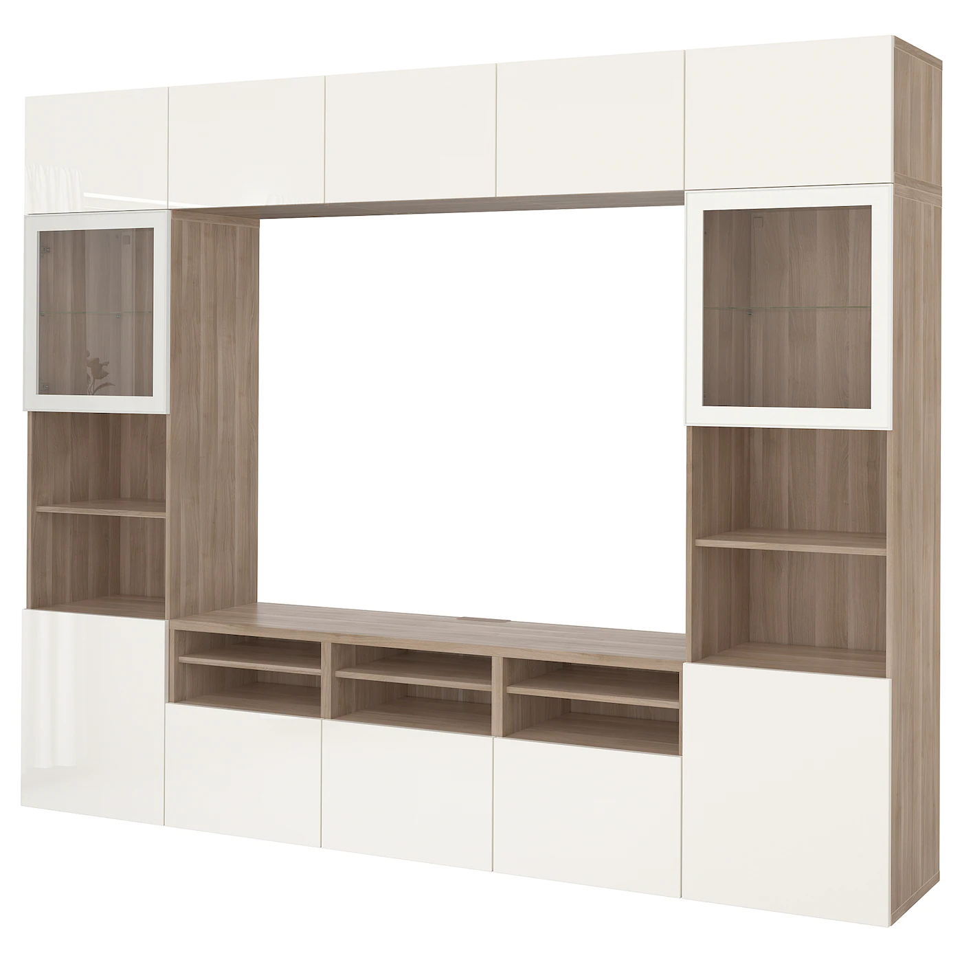 IKEA BESTÅ TV Storage Combination/glass Doors Walnut Effect Light Gray/Selsviken High Gloss/white Clear Glass 118 1/8x16 1/2x91 " Blackbrown/selsviken High Gloss/beige Smoked Glass