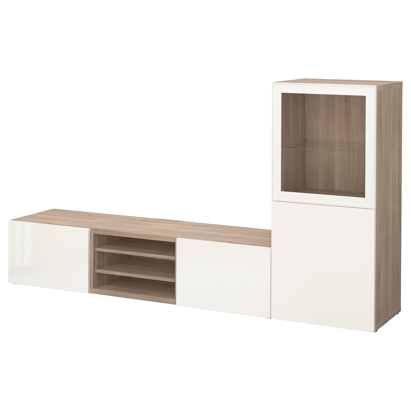 IKEA BESTÅ TV Storage Combination/glass Doors Walnut Effect Light Gray/Selsviken High Gloss/white Clear Glass 94 1/2x16 1/2x50 3/4 " Blackbrown/lappviken Blackbrown Clear Glass