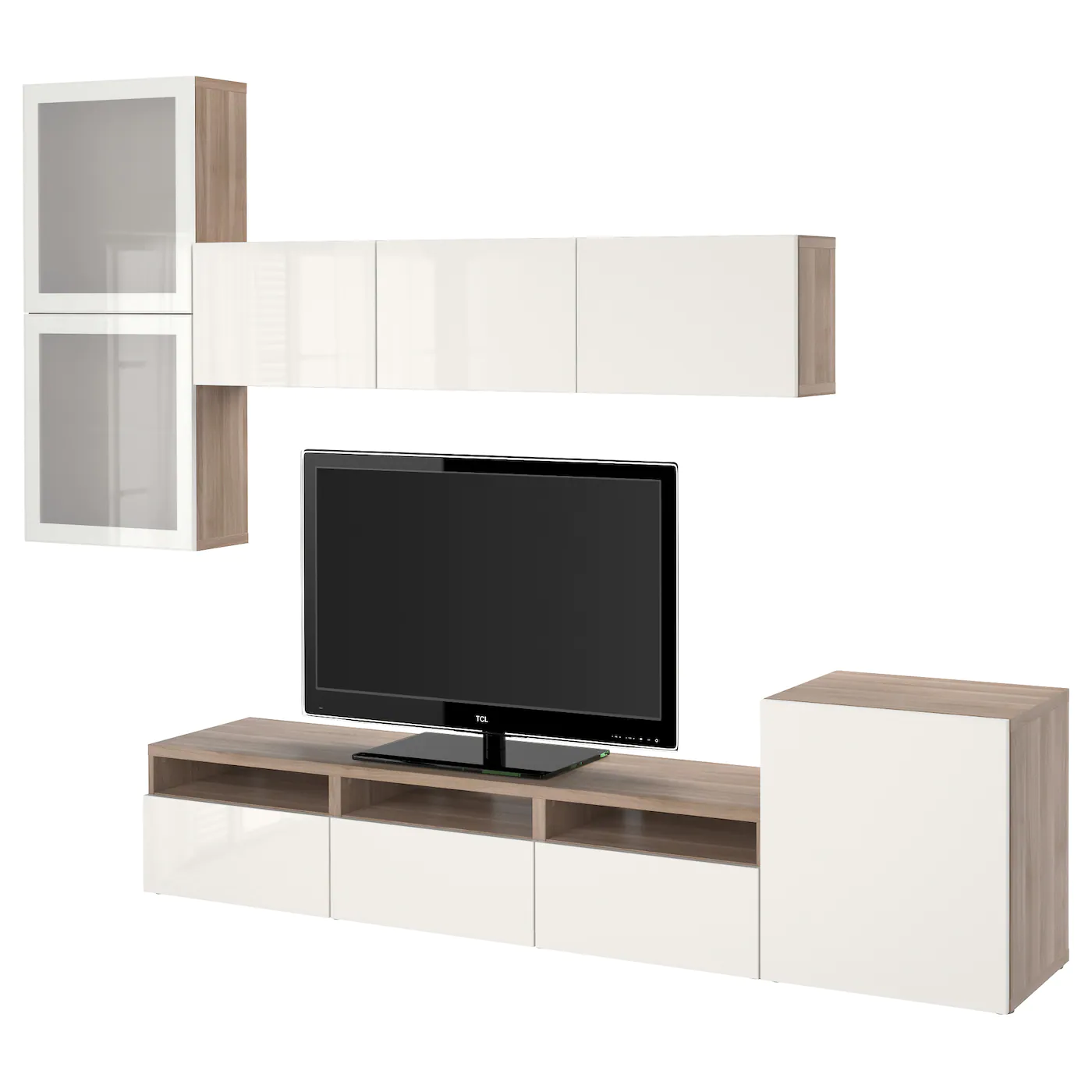 IKEA BESTÅ TV Storage Combination/glass Doors Walnut Effect Light Gray/Selsviken Highgloss/white Frosted Glass 118 1/8x16 1/2x83 1/8 " Blackbrown/hanviken Blackbrown Clear Glass