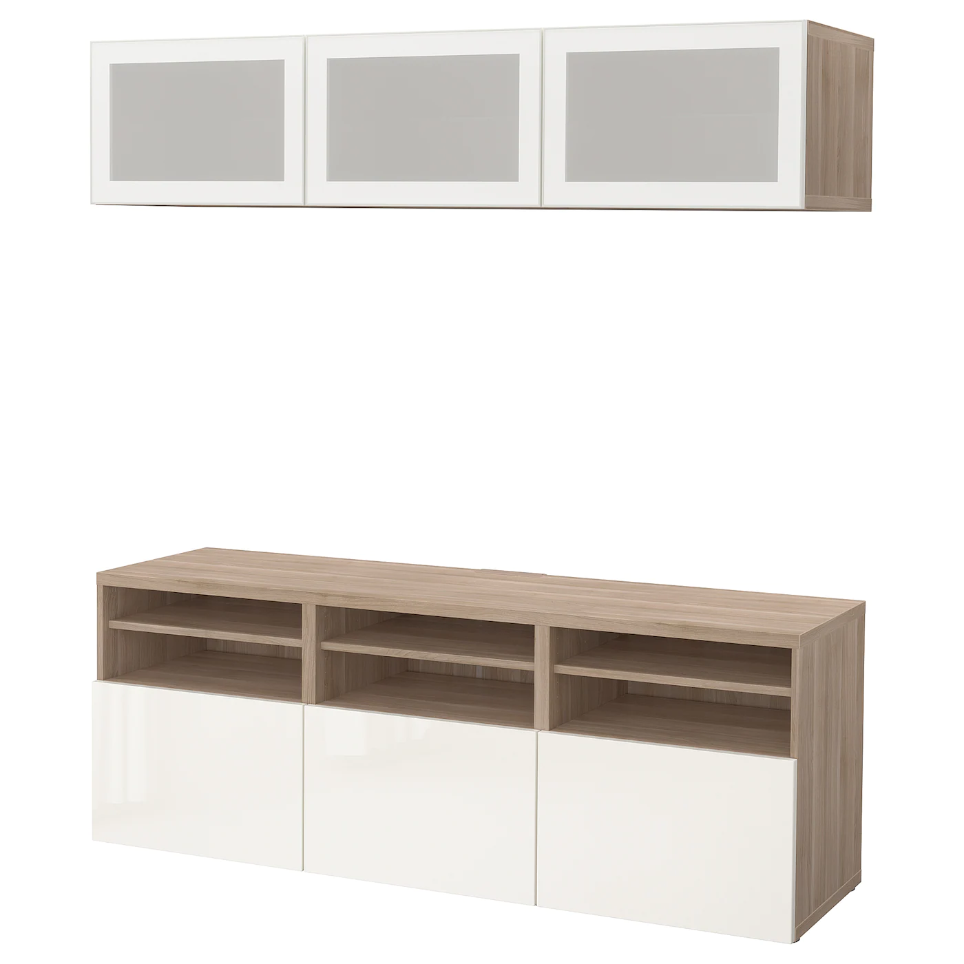 IKEA BESTÅ TV Storage Combination/glass Doors Walnut Effect Light Gray/Selsviken Highgloss/white Frosted Glass 70 7/8x16 1/2x75 5/8 " Blackbrown/lappviken Blackbrown Clear Glass