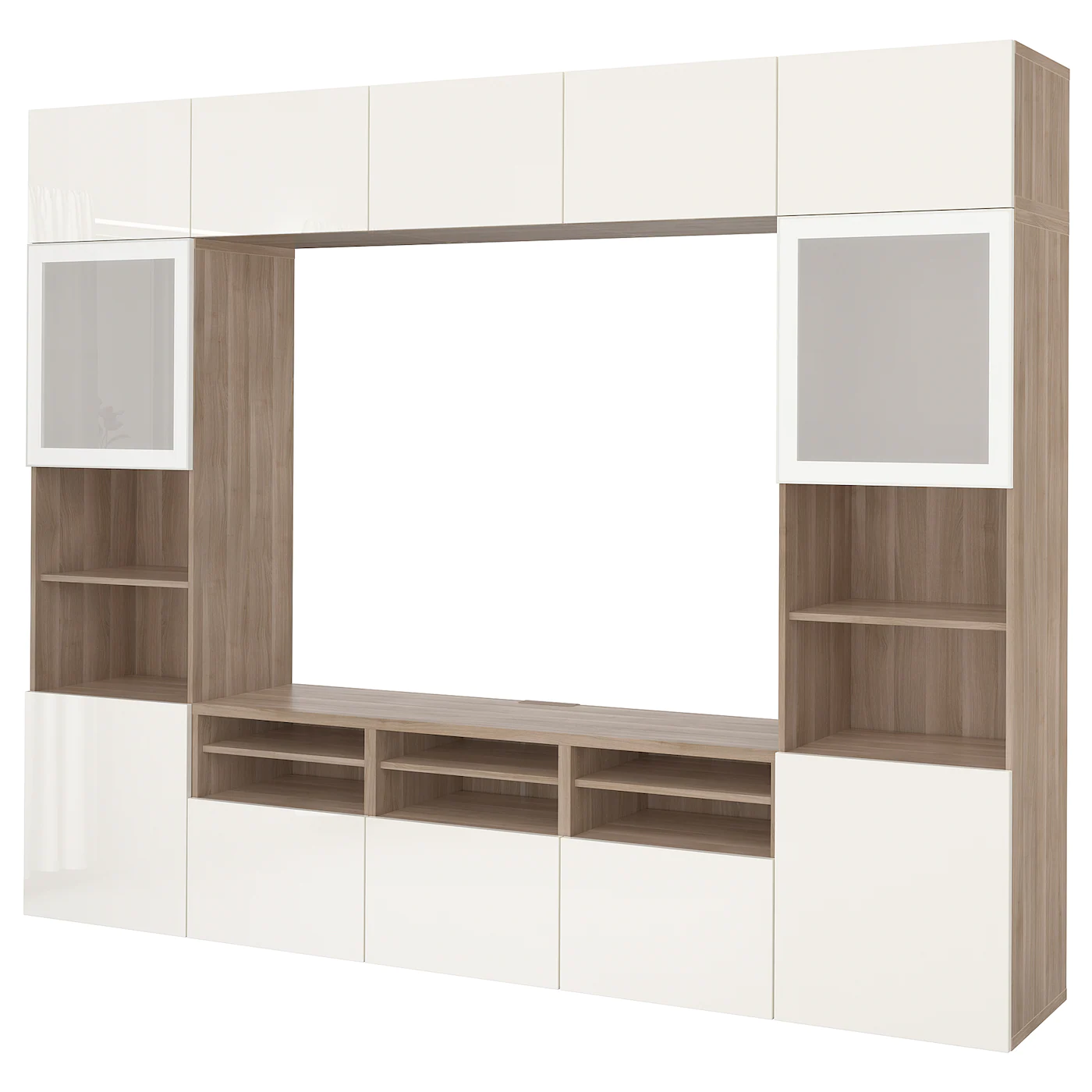 IKEA BESTÅ TV Storage Combination/glass Doors Walnut Effect Light Gray/Selsviken Highgloss/white Frosted Glass 118 1/8x16 1/2x91 " Blackbrown/selsviken High Gloss/beige Smoked Glass