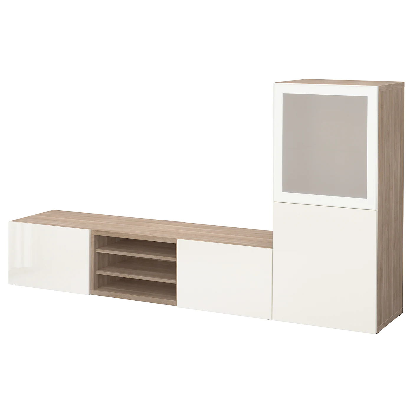 IKEA BESTÅ TV Storage Combination/glass Doors Walnut Effect Light Gray/Selsviken Highgloss/white Frosted Glass 94 1/2x16 1/2x50 3/4 " Blackbrown/hanviken Blackbrown Clear Glass