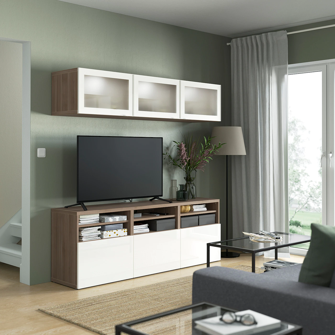 IKEA BESTÅ TV Storage Combination/glass Doors Walnut Effect Light Gray/Selsviken Highgloss/white Frosted Glass 70 7/8x16 1/2x75 5/8 " Blackbrown/hanviken Blackbrown Clear Glass 5 IKEA BESTÅ TV Storage Combination/glass Doors Walnut Effect Light Gray/Selsviken Highgloss/white Frosted Glass 70 7/8x16 1/2x75 5/8 " Blackbrown/hanviken Blackbrown Clear Glass - Image 3
