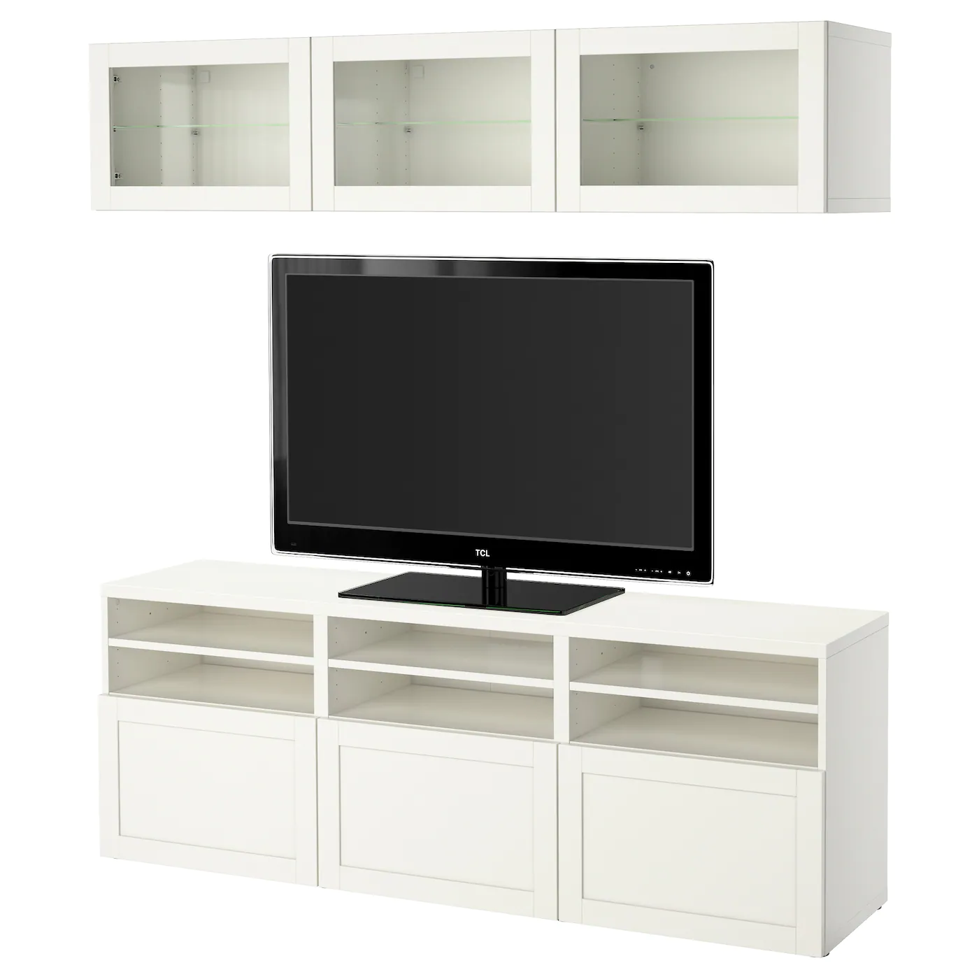 IKEA BESTÅ TV Storage Combination/glass Doors White/Hanviken White Clear Glass 70 7/8x16 1/2x75 5/8 " Blackbrown/selsviken High Gloss/black Clear Glass