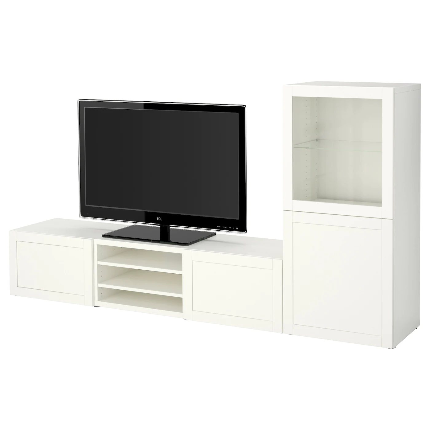 IKEA BESTÅ TV Storage Combination/glass Doors White/Hanviken White Clear Glass 94 1/2x16 1/2x50 3/4 " Blackbrown Glassvik/laxviken Black