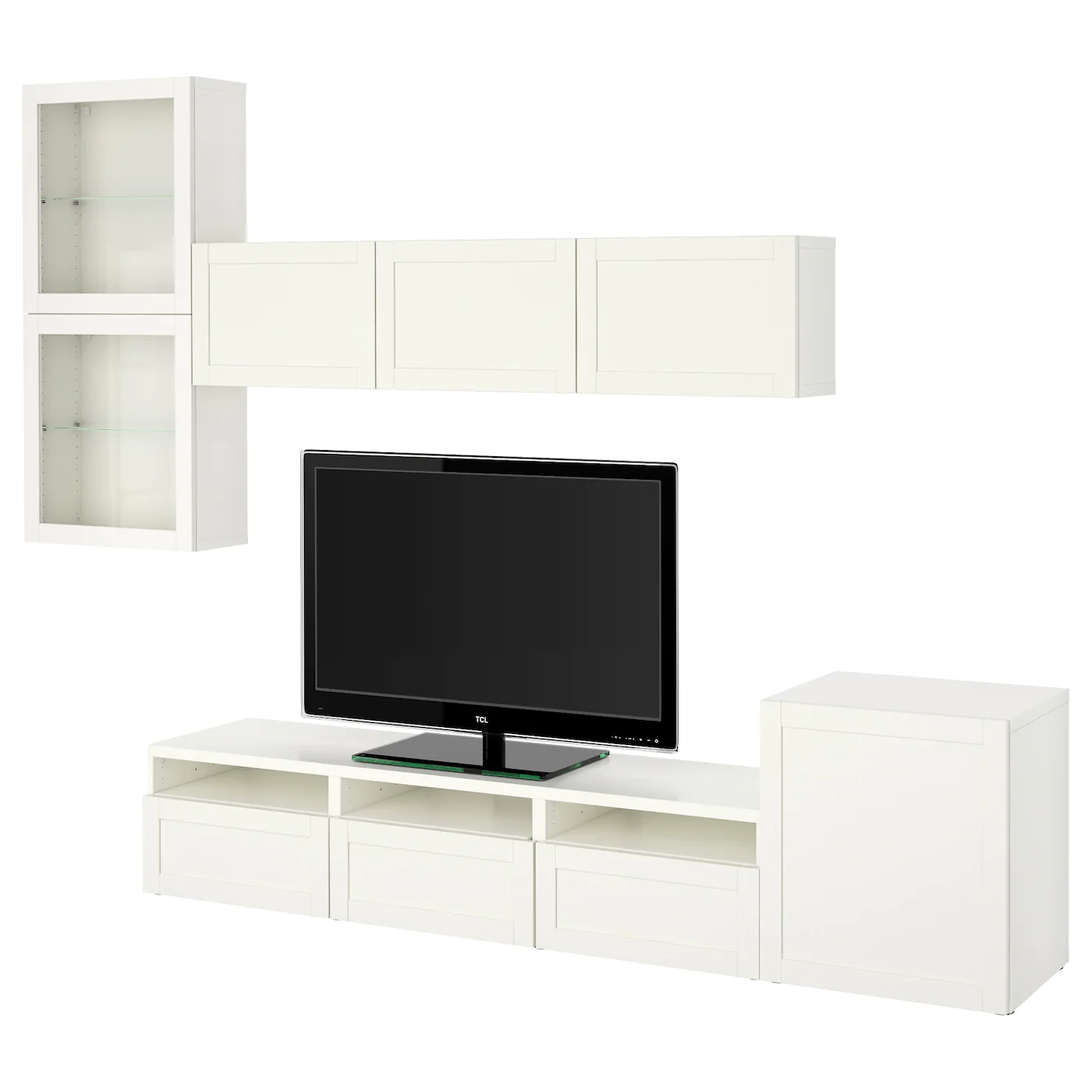 IKEA BESTÅ TV Storage Combination/glass Doors White/Hanviken White Clear Glass 118 1/8x16 1/2x83 1/8 " Blackbrown/selsviken High Gloss/black Smoked Glass