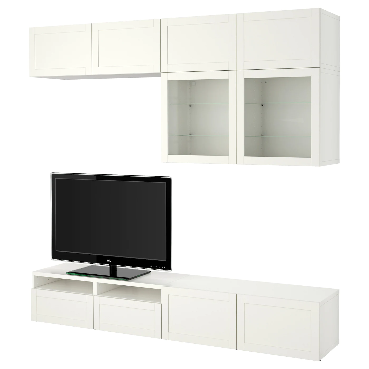 IKEA BESTÅ TV Storage Combination/glass Doors White/Hanviken White Clear Glass 94 1/2x16 1/2x91 " Blackbrown/selsviken High Gloss/black Smoked Glass