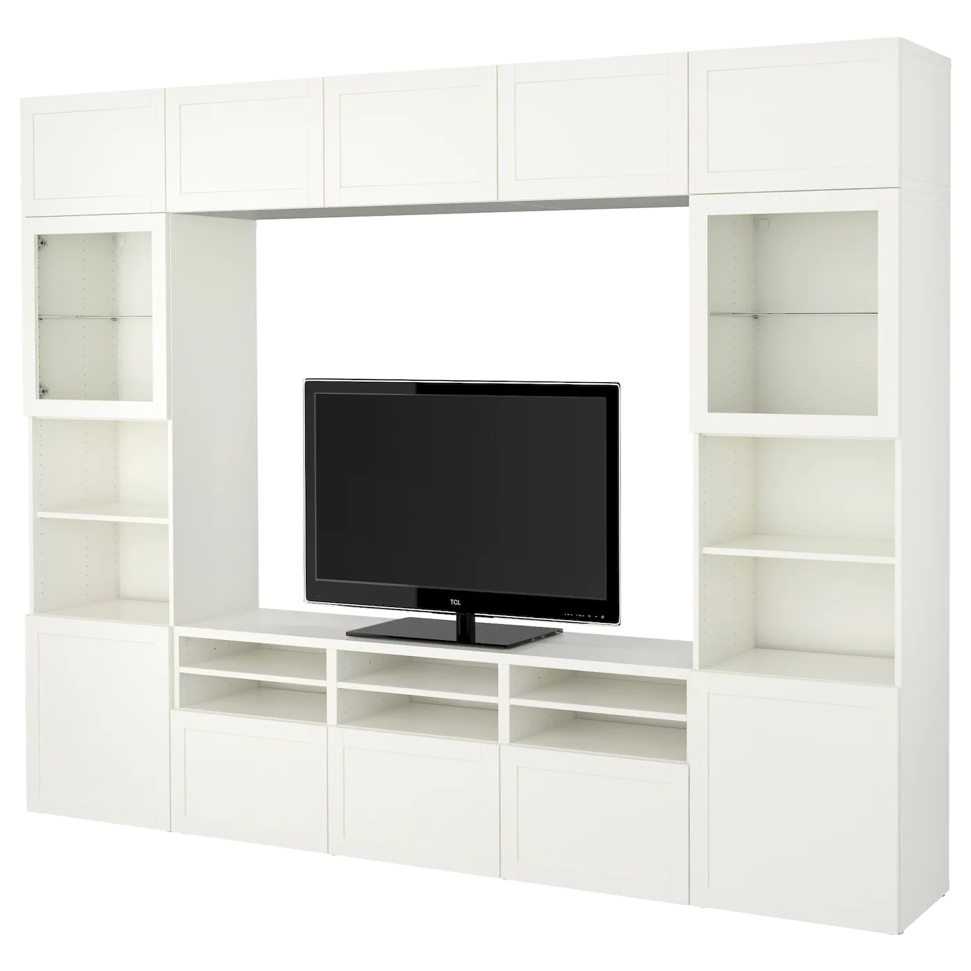 IKEA BESTÅ TV Storage Combination/glass Doors White/Hanviken White Clear Glass 118 1/8x16 1/2x91 " Blackbrown/lappviken Blackbrown Clear Glass
