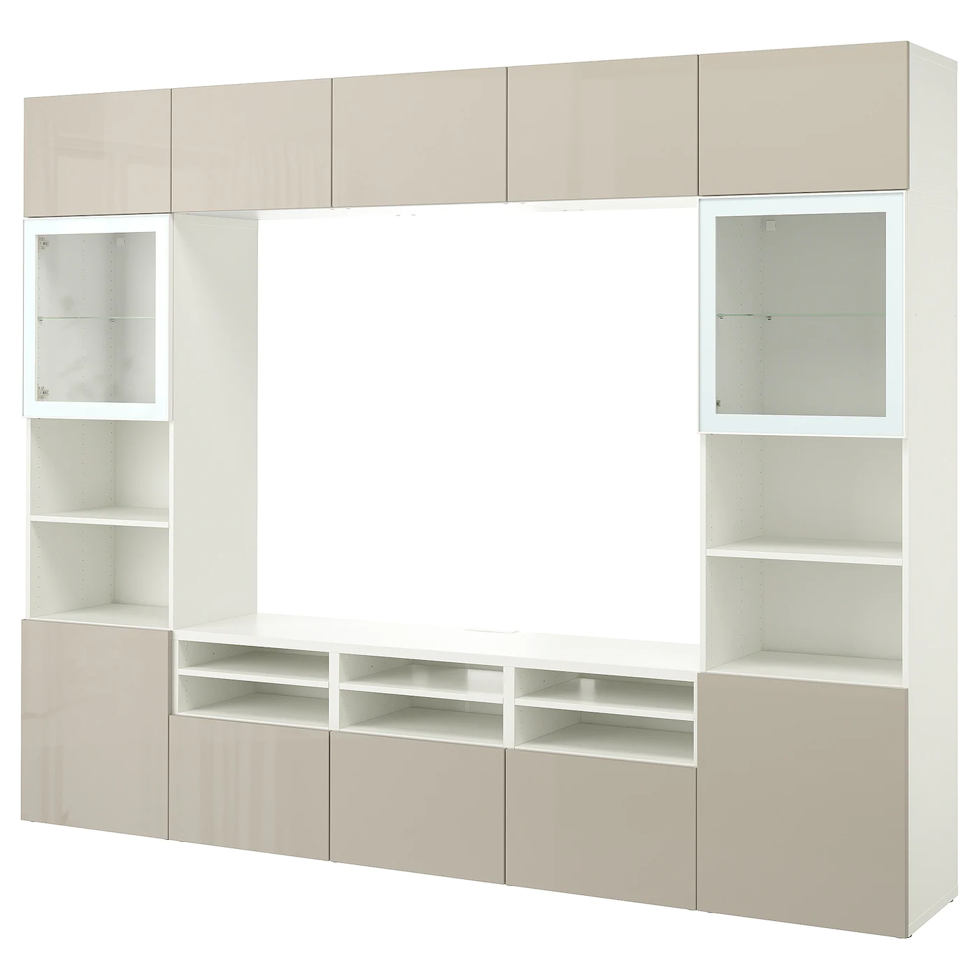 IKEA BESTÅ TV Storage Combination/glass Doors White/Selsviken High Gloss/beige Clear Glass 118 1/8x16 1/2x91 " Blackbrown/selsviken High Gloss/beige Smoked Glass