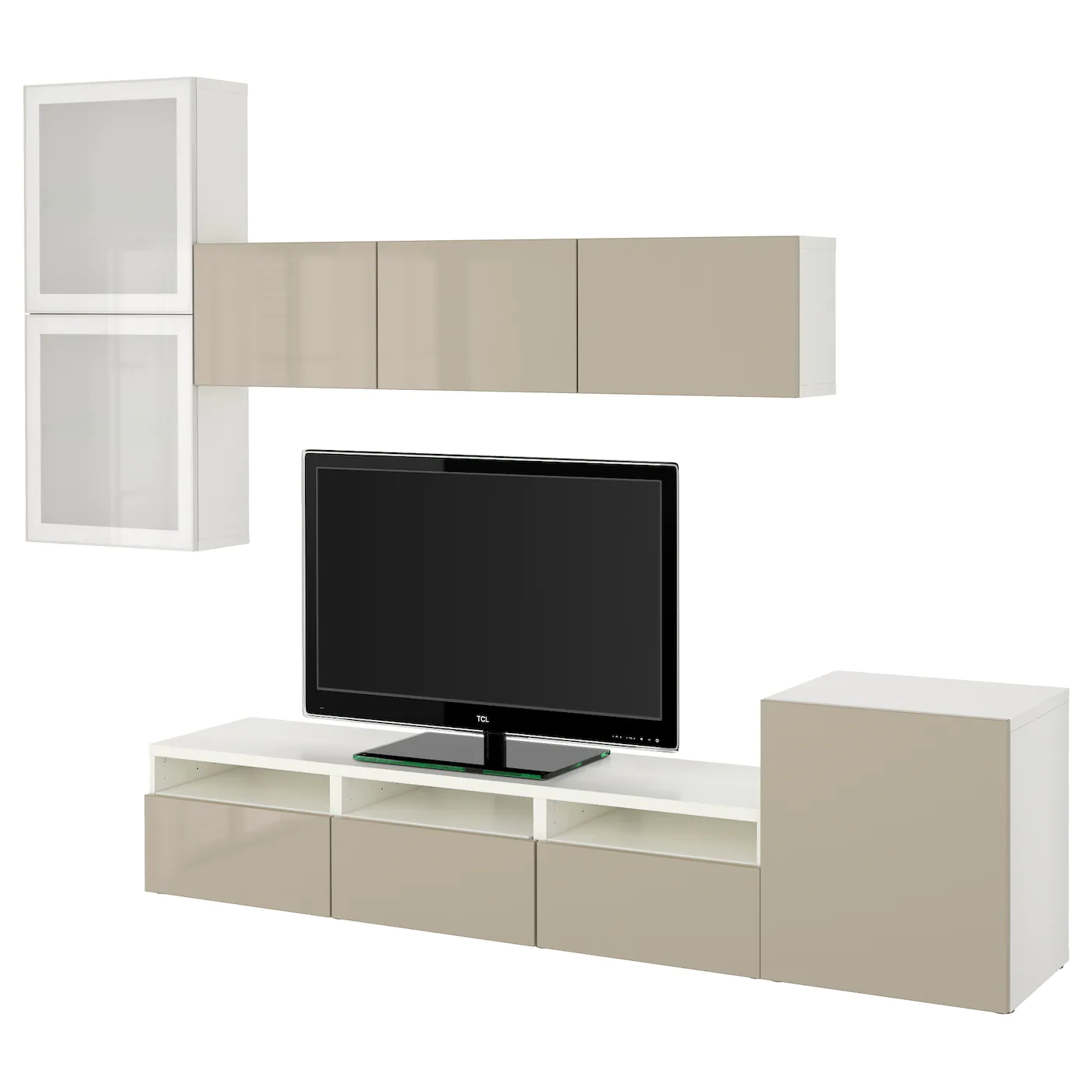 IKEA BESTÅ TV Storage Combination/glass Doors White/Selsviken High Gloss/beige Frosted Glass 118 1/8x16 1/2x83 1/8 " Blackbrown/lappviken Blackbrown Clear Glass