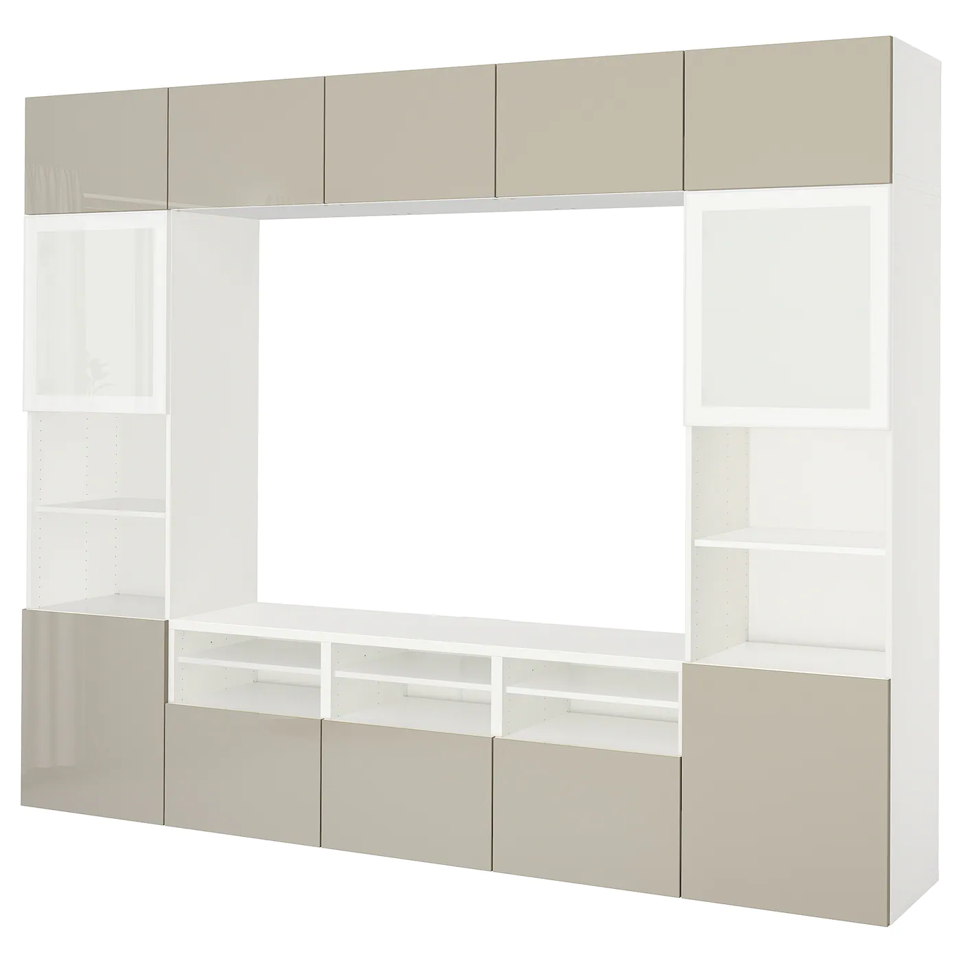 IKEA BESTÅ TV Storage Combination/glass Doors White/Selsviken High Gloss/beige Frosted Glass 118 1/8x16 1/2x91 " Blackbrown/selsviken High Gloss/beige Smoked Glass