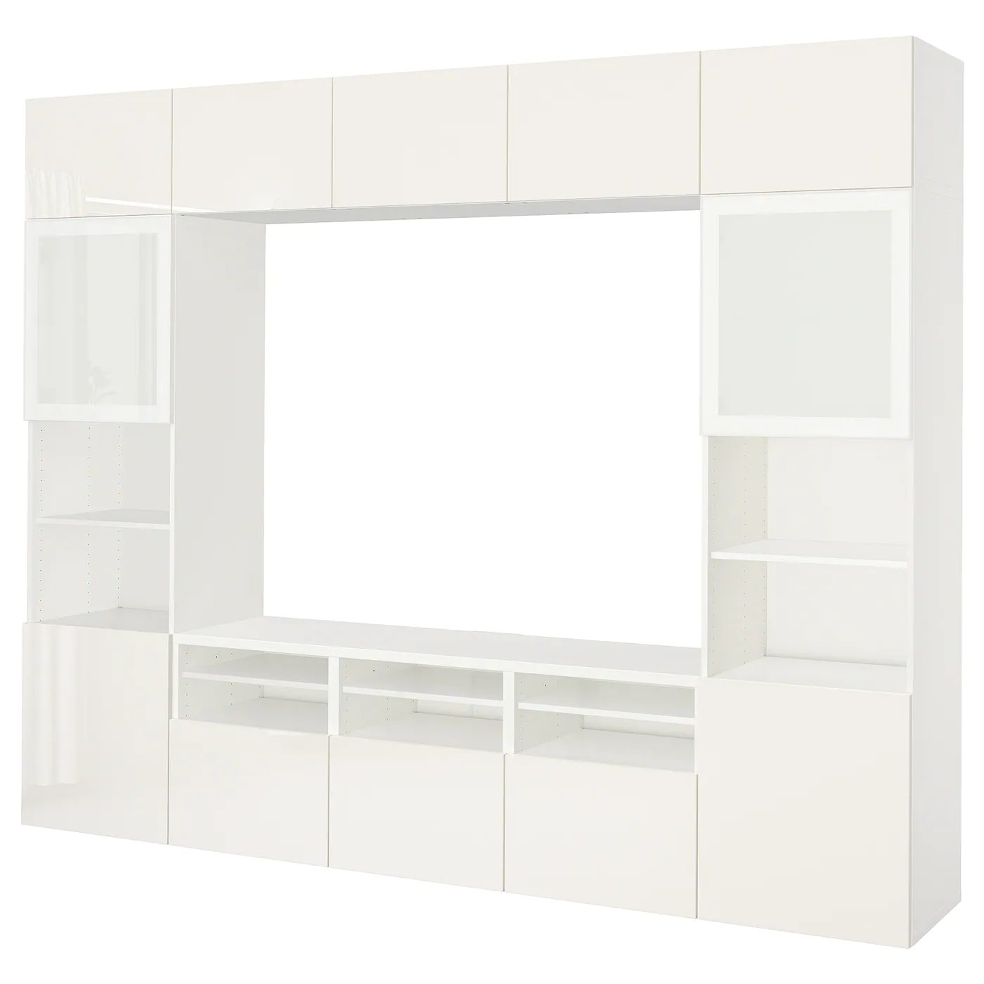IKEA BESTÅ TV Storage Combination/glass Doors White/Selsviken Highgloss/white Frosted Glass 118 1/8x16 1/2x91 " Blackbrown/hanviken Blackbrown Clear Glass