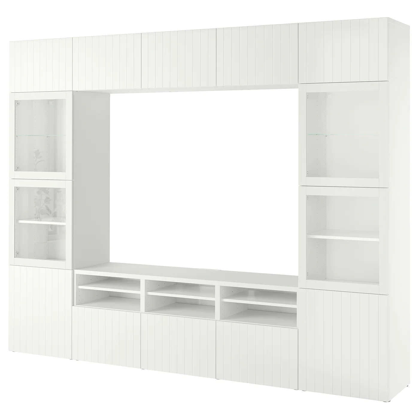 IKEA BESTÅ TV Storage Combination/glass Doors White Sutterviken/Sindvik White Clear Glass 118 1/8x16 1/2x91 " Blackbrown/selsviken High Gloss/black Clear Glass