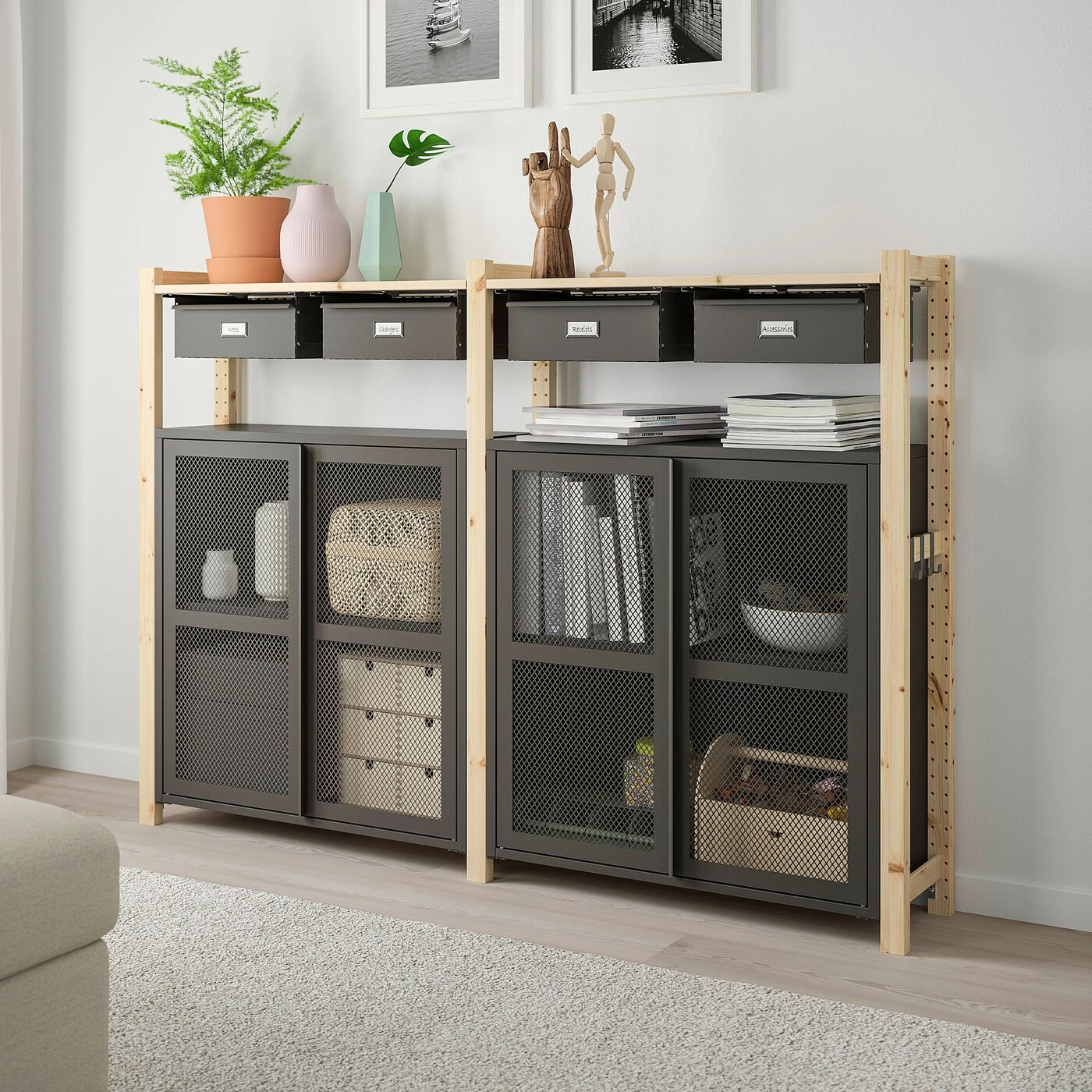 IKEA IVAR 2 Section Storage Unit W/cabinets Pine/gray Mesh 68 7/8x11 3/4x48 7/8 " 4 IKEA IVAR 2 Section Storage Unit W/cabinets Pine/gray Mesh 68 7/8x11 3/4x48 7/8 " - Image 2