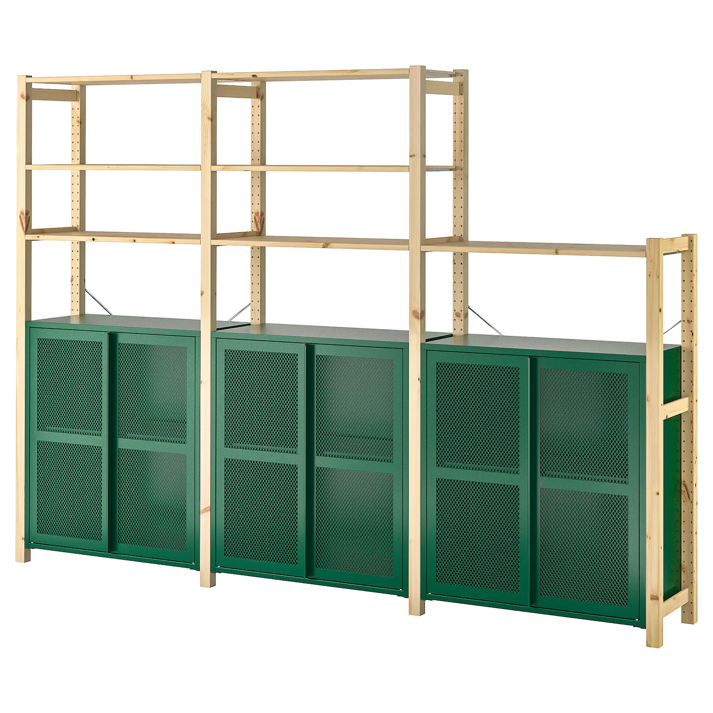IKEA IVAR 3 Section Shelving Unit W/cabinets Pine/green Mesh 102x11 3/4x70 1/2 "