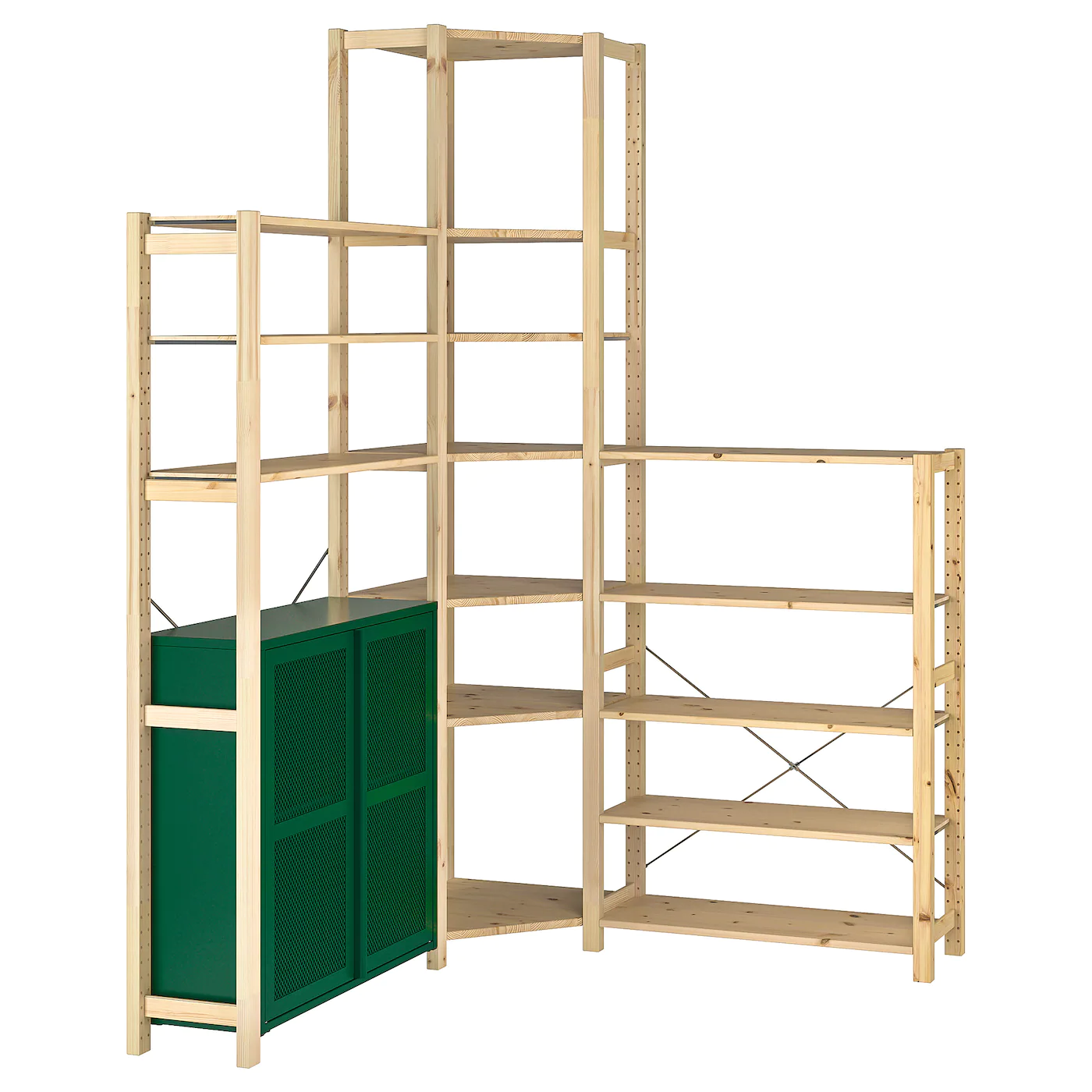 IKEA IVAR 3 Sections/corner Pine/green Mesh 57 1/8/57 1/8x11 3/4x89 "