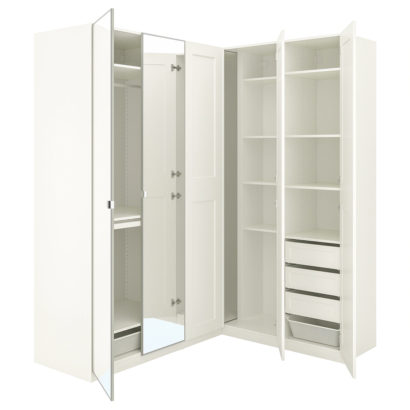 IKEA PAX / GRIMO/VIKEDAL Corner Wardrobe White/mirror Glass 82 3/4/63 1/8x93 1/8 " 1 IKEA PAX / GRIMO/VIKEDAL Corner Wardrobe White/mirror Glass 82 3/4/63 1/8x93 1/8 " -Ikea Storage solution systems Sales pax grimo vikedal corner wardrobe white mirror glass 0780639 pe760146 s5